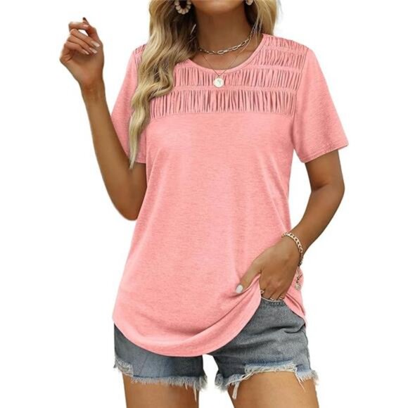 Women's Summer Tops 2025 Trendy Short Sleeve Shirts Smocked Crewneck Tee - Picture 5 of 5